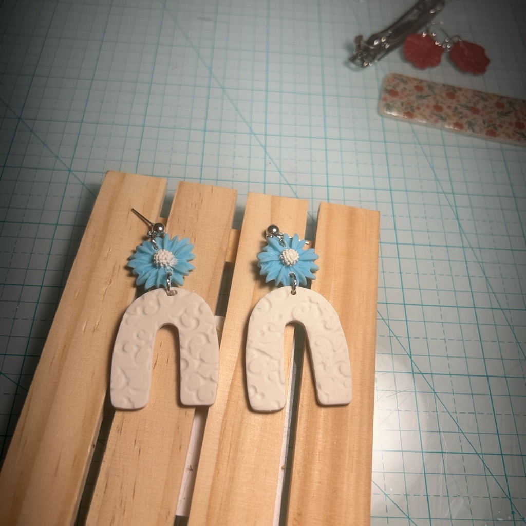 Handcrafted Floral Arch Earrings - Blue And White 10$